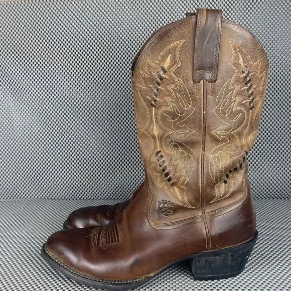Ariat Cowboy Boots Mens Size 9.5 D Brown Leather Western Round Toe Embroidered